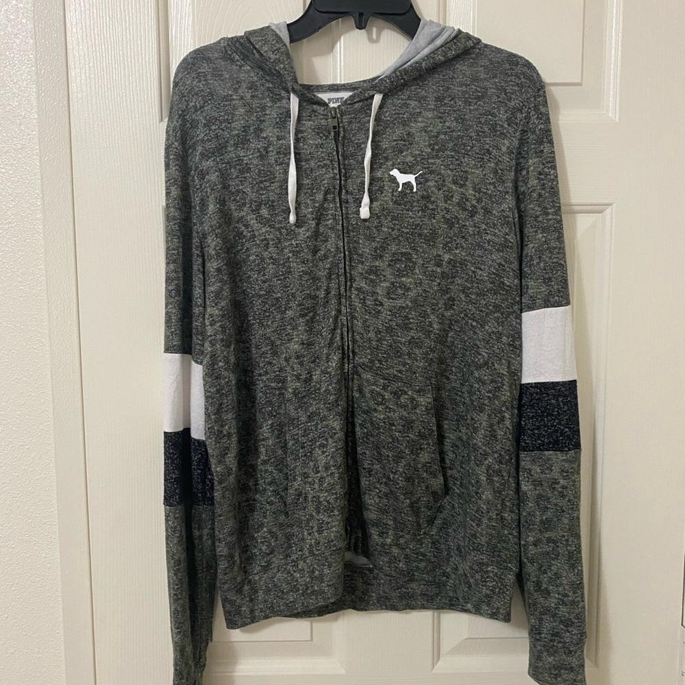 VS PINK Green Leopard Zip Hoodie